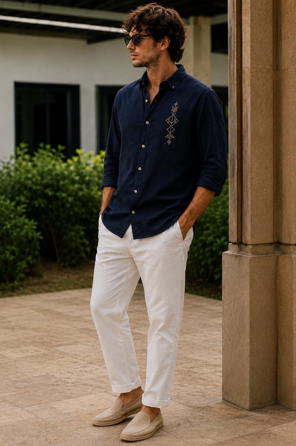 Men's Navy Embroidered Linen Shirt, Casual Summer Resort Wear