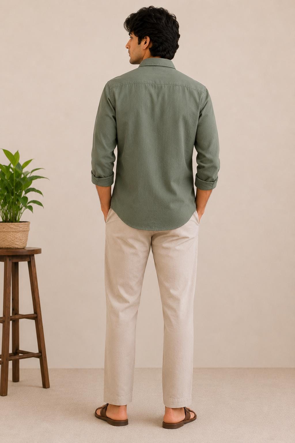 Men's Olive Green Embroidered Linen Shirt, Minimalist Botanical Design, Casual Long Sleeve