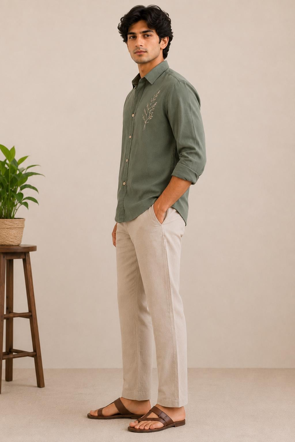 Men's Olive Green Embroidered Linen Shirt, Minimalist Botanical Design, Casual Long Sleeve
