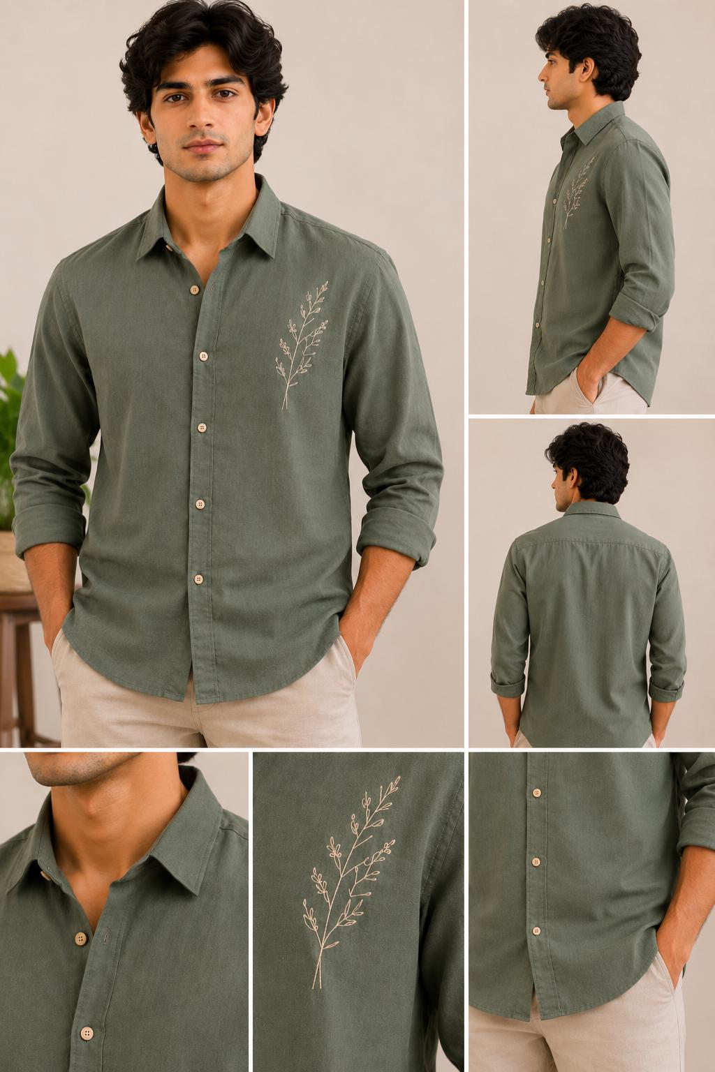 Men's Olive Green Embroidered Linen Shirt, Minimalist Botanical Design, Casual Long Sleeve