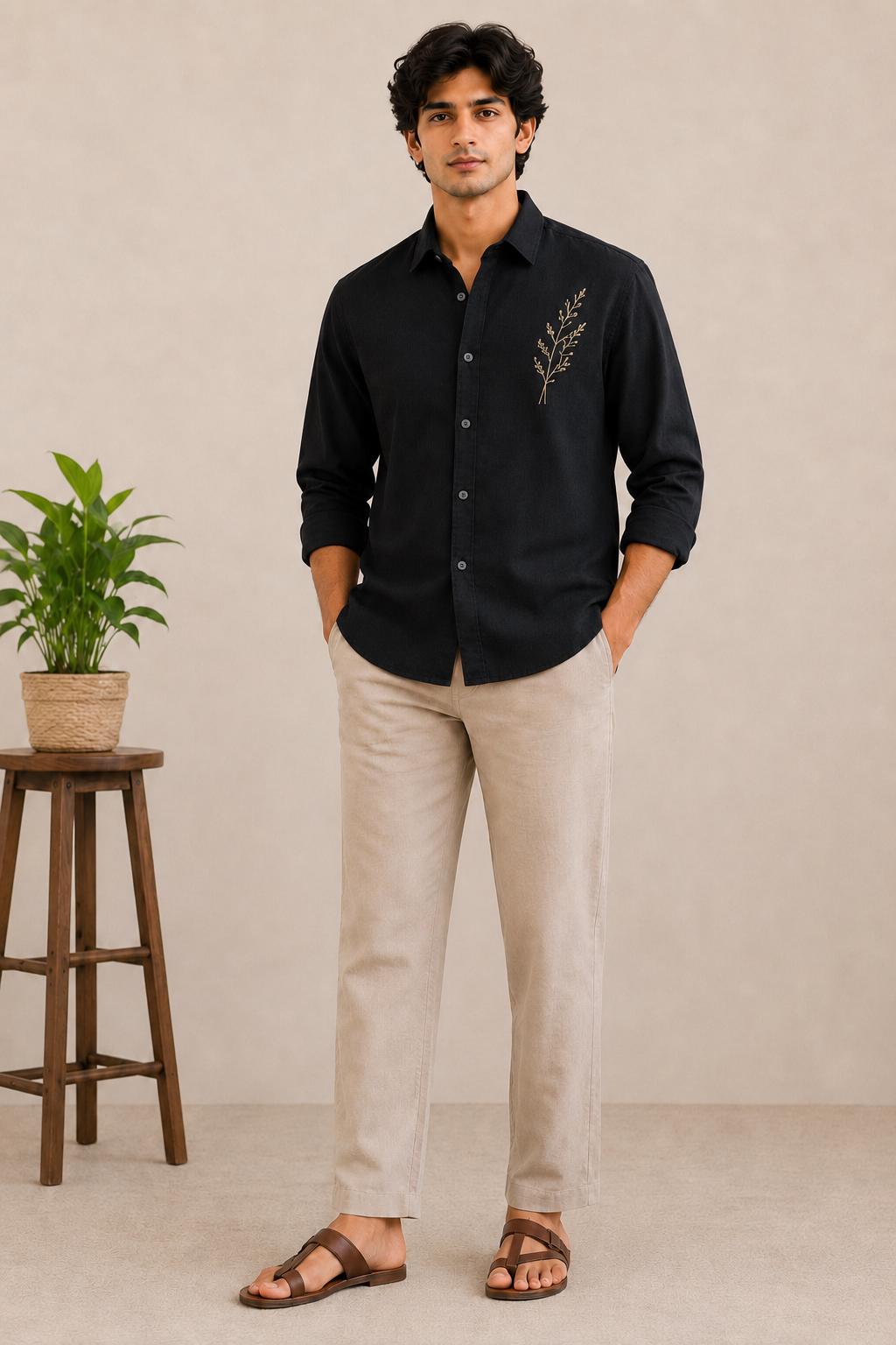 Men's Olive Green Embroidered Linen Shirt, Minimalist Botanical Design, Casual Long Sleeve