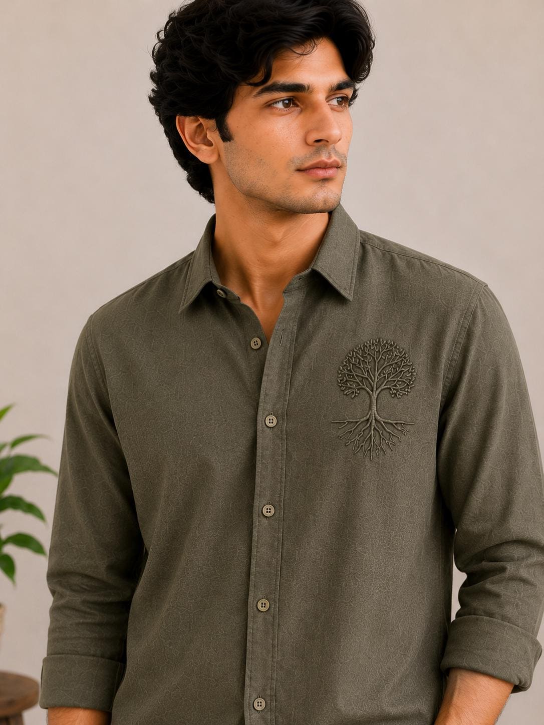 Men's Olive Green Linen Blend Shirt, Tree of Life Embroidery, Long Sleeve Button Down