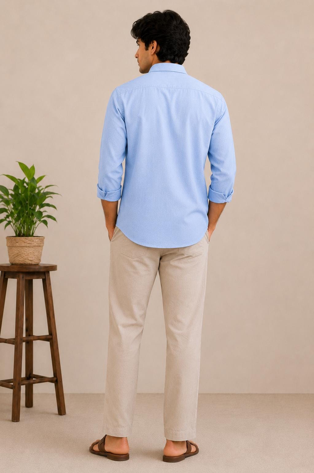 Men's Sky Blue Cotton Linen Blend Shirt, Embroidered Bird Logo, Long Sleeve Button Down
