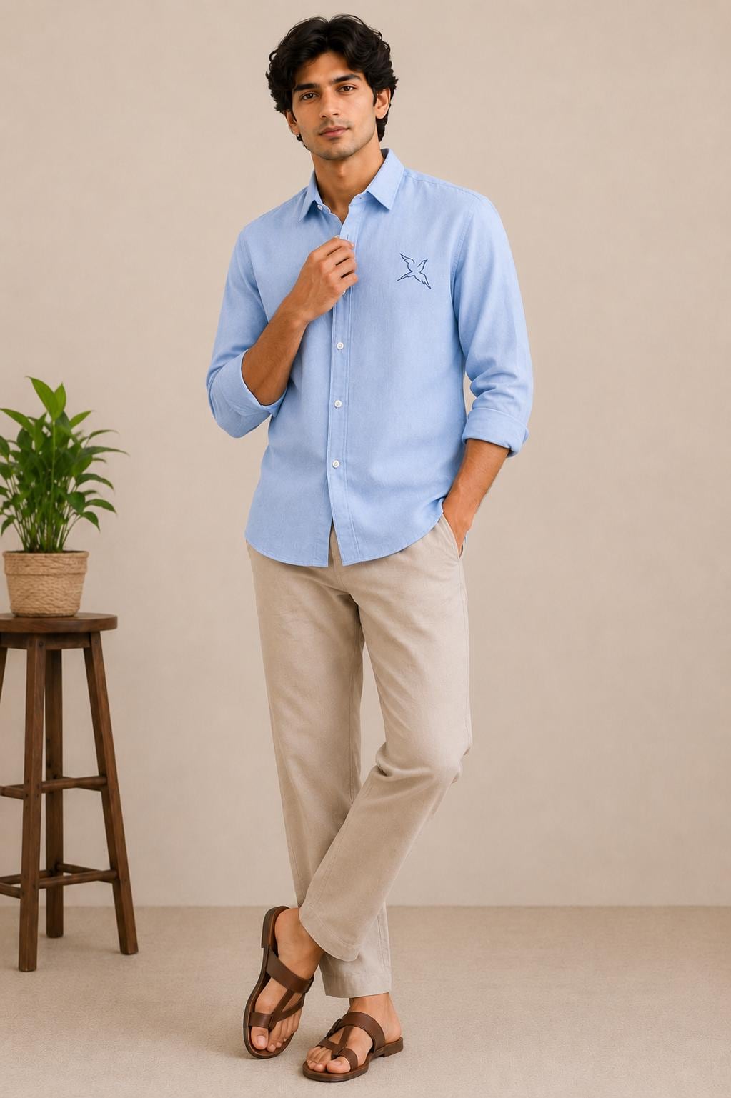 Men's Sky Blue Cotton Linen Blend Shirt, Embroidered Bird Logo, Long Sleeve Button Down