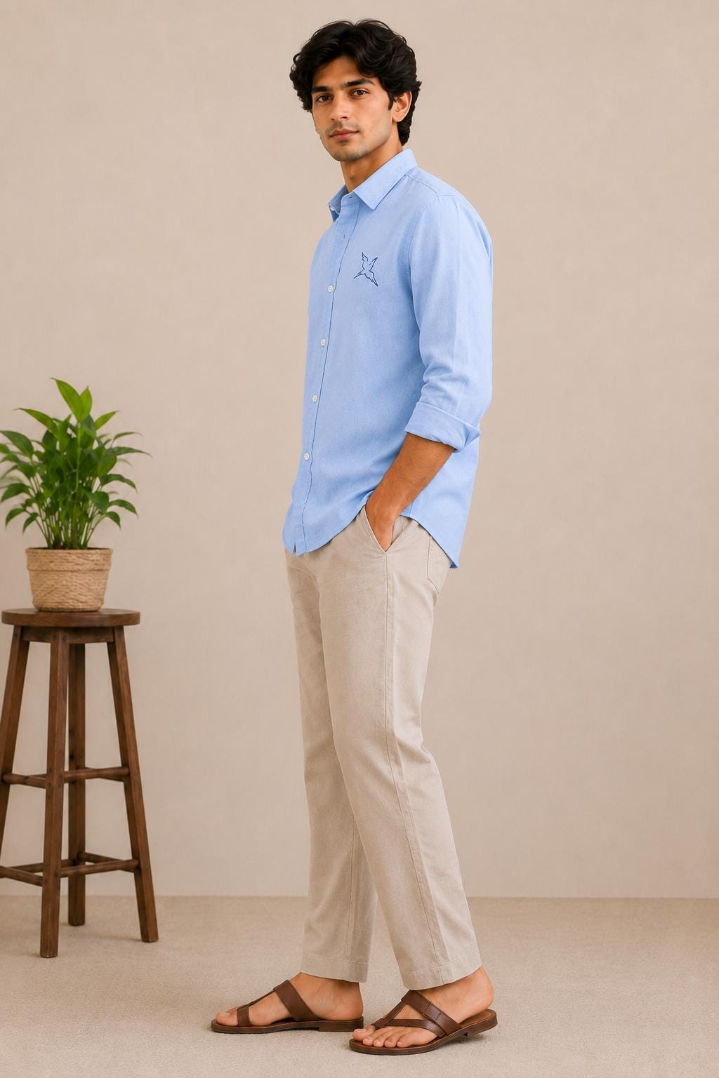 Men's Sky Blue Cotton Linen Blend Shirt, Embroidered Bird Logo, Long Sleeve Button Down