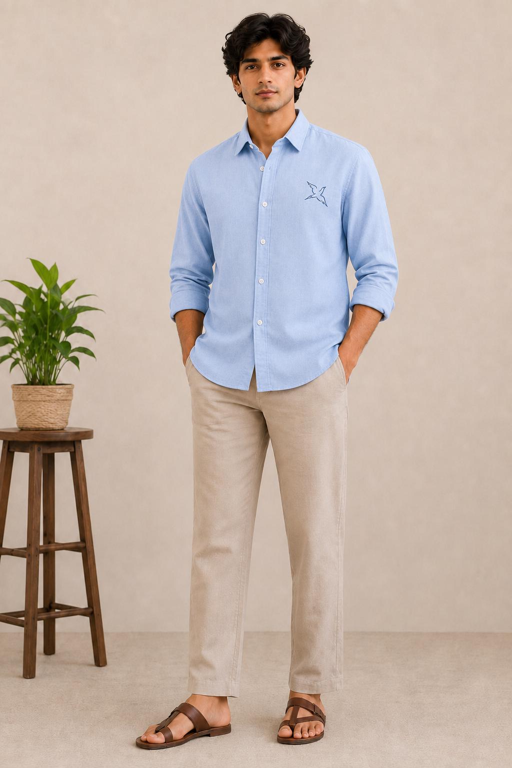 Men's Sky Blue Cotton Linen Blend Shirt, Embroidered Bird Logo, Long Sleeve Button Down