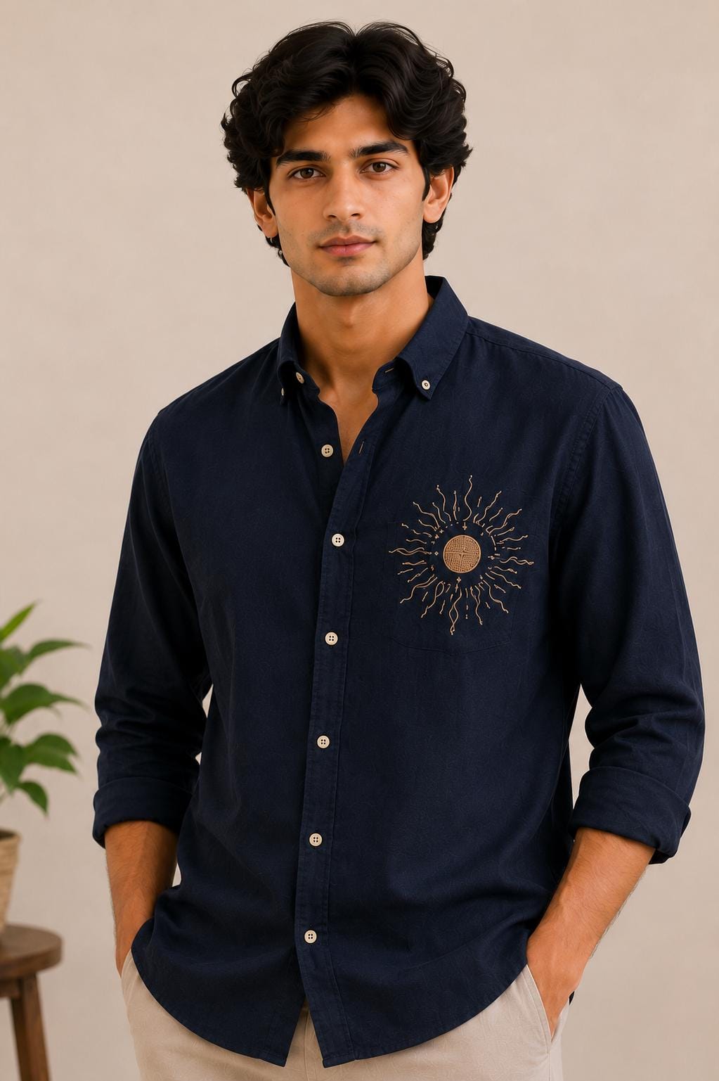 Men's Navy Linen Shirt, Hand Embroidered Sun Pocket, Casual Summer Beach Vacation