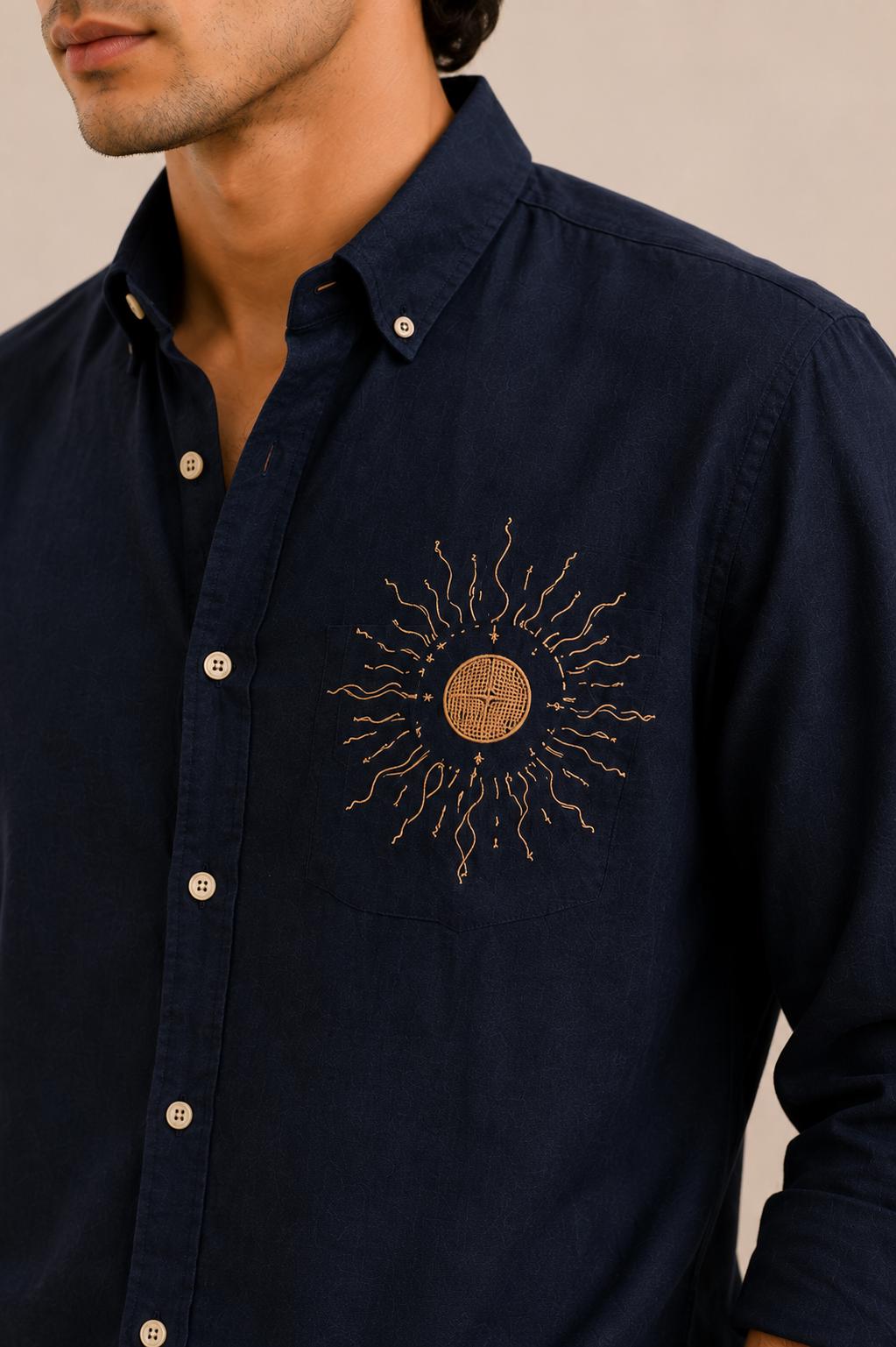 Men's Navy Linen Shirt, Hand Embroidered Sun Pocket, Casual Summer Beach Vacation