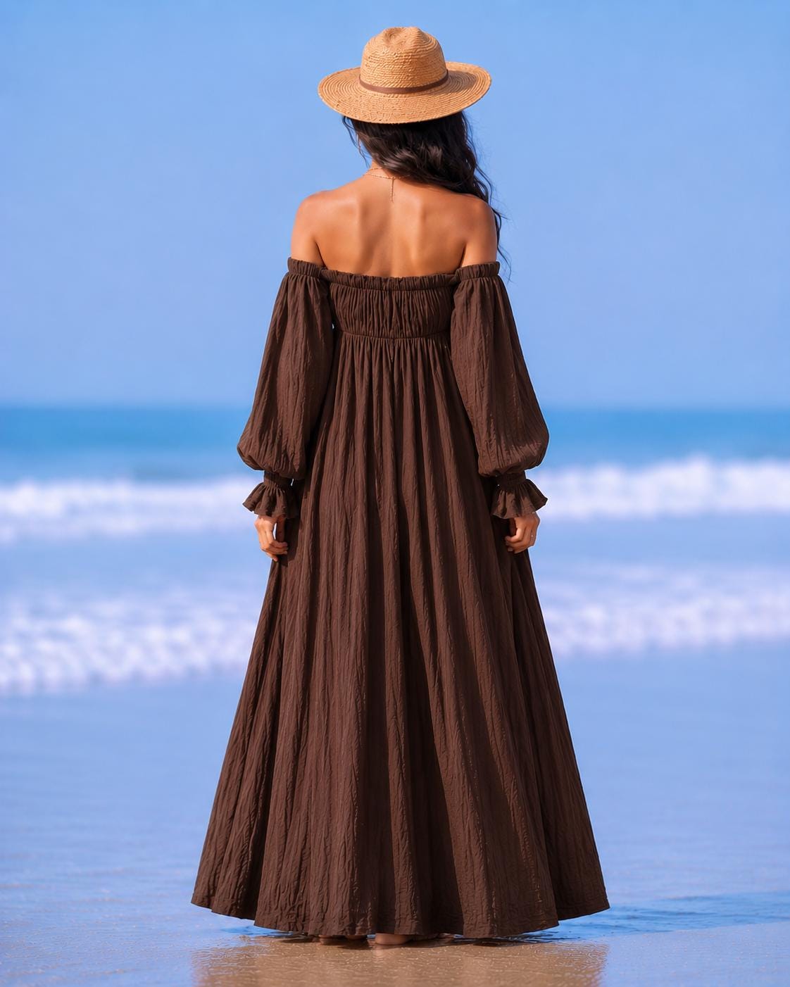 Off Shoulder Maxi Dress, Flowy Boho Summer Beach Style, Full Sleeve Romantic Silhouette