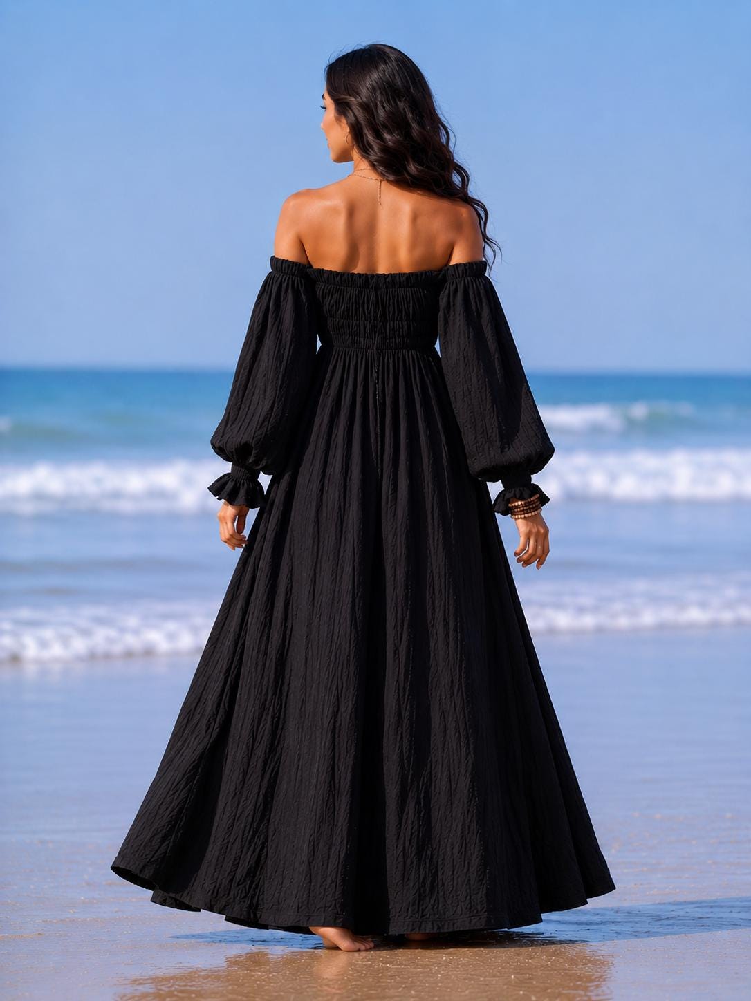Off Shoulder Maxi Dress, Flowy Boho Summer Beach Style, Full Sleeve Romantic Silhouette