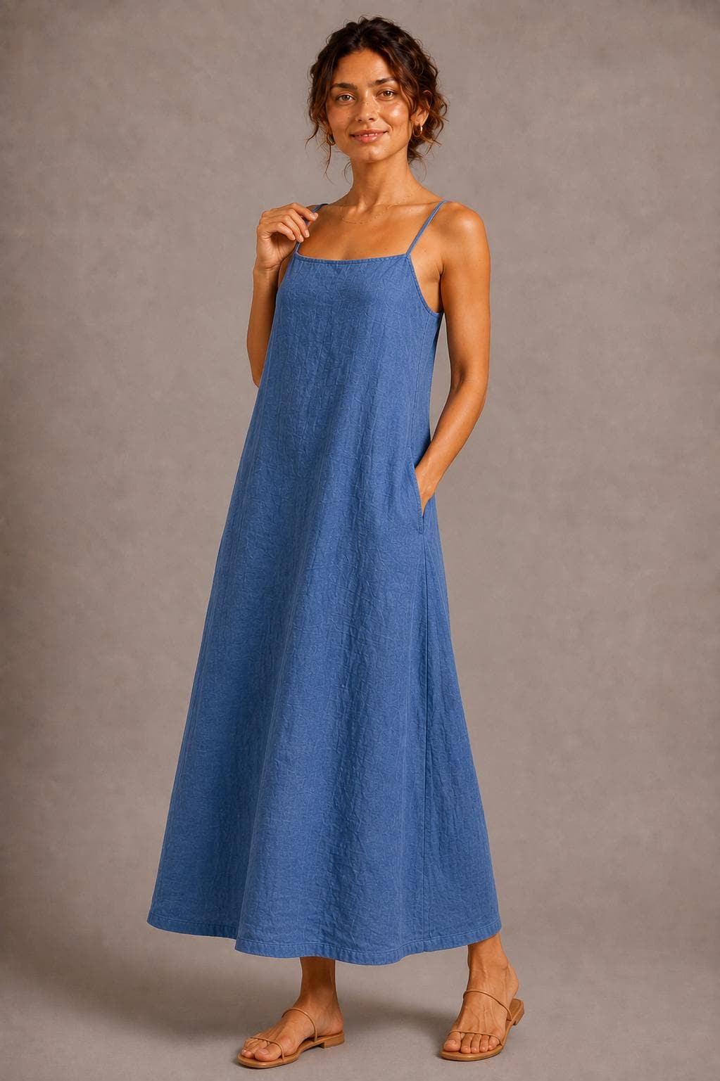 Linen Maxi Dress, Minimalist Sleeveless A-Line Summer Beach Vacation Dress