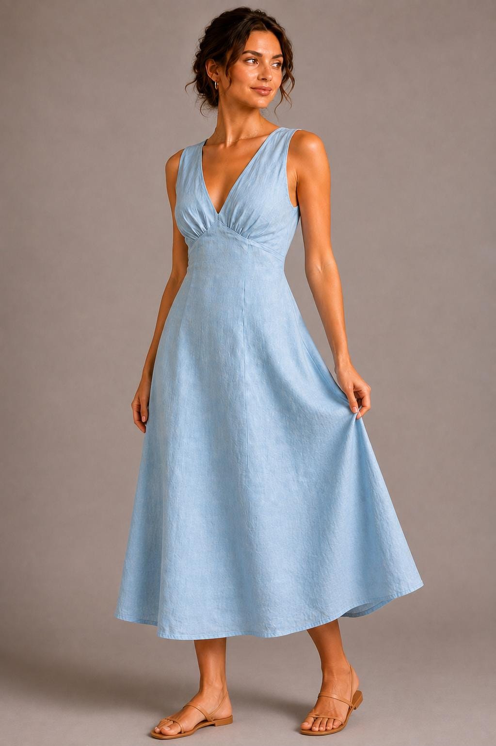 Cotton Linen Blend Midi Dress, Sleeveless V-Neck A-Line Summer Vacation Dress