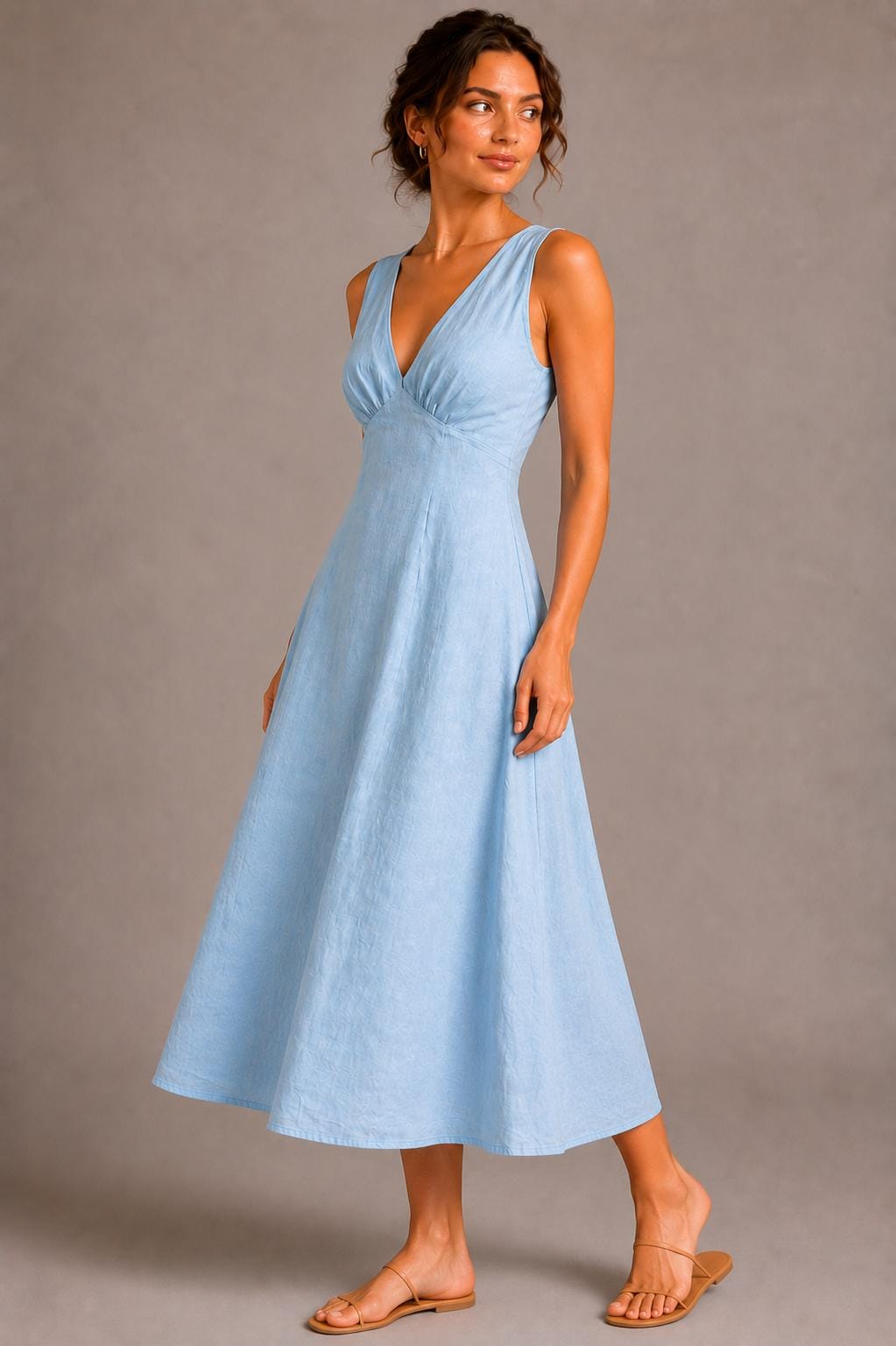 Cotton Linen Blend Midi Dress, Sleeveless V-Neck A-Line Summer Vacation Dress