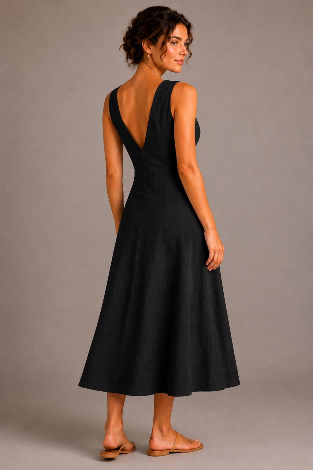 Cotton Linen Blend Midi Dress, Sleeveless V-Neck A-Line Summer Vacation Dress