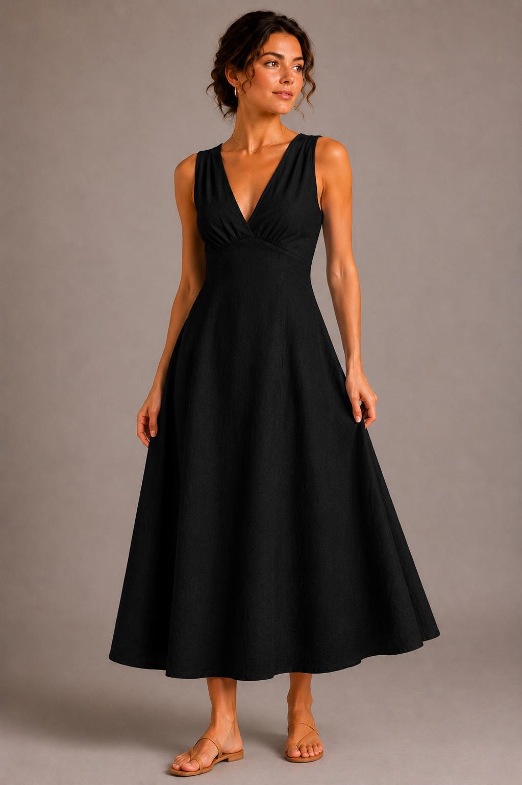 Cotton Linen Blend Midi Dress, Sleeveless V-Neck A-Line Summer Vacation Dress