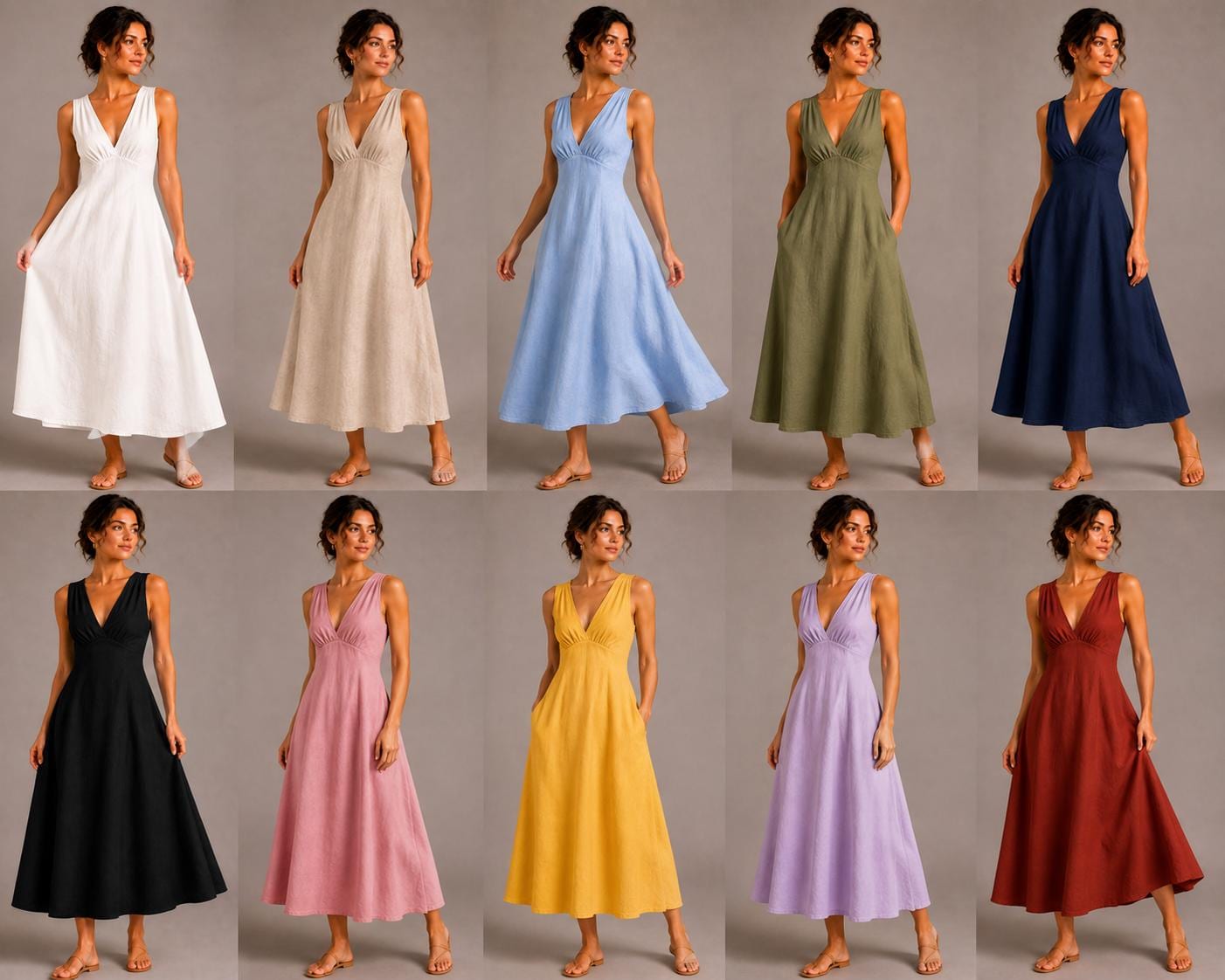 Cotton Linen Blend Midi Dress, Sleeveless V-Neck A-Line Summer Vacation Dress