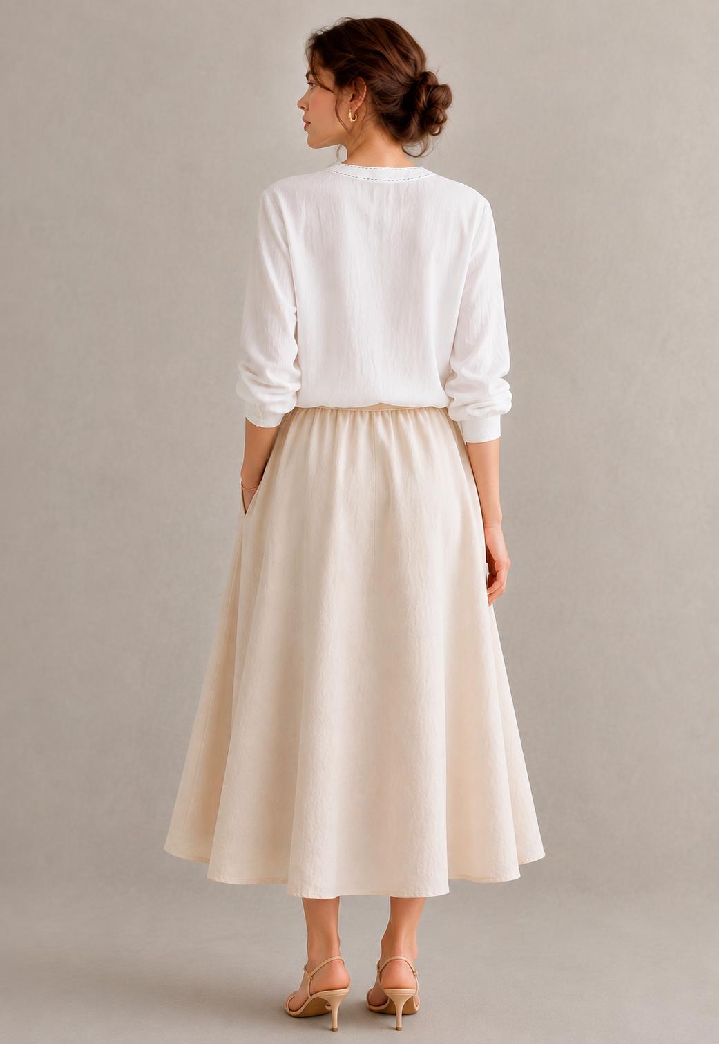 Embroidered Linen Blend Co Ord Set, V Neck Top, Midi Skirt, Boho Summer Resort Wear