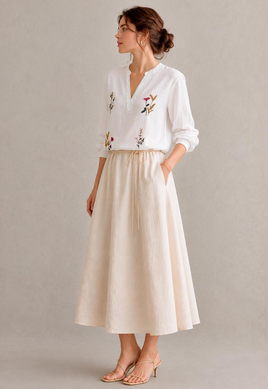 Embroidered Linen Blend Co Ord Set, V Neck Top, Midi Skirt, Boho Summer Resort Wear