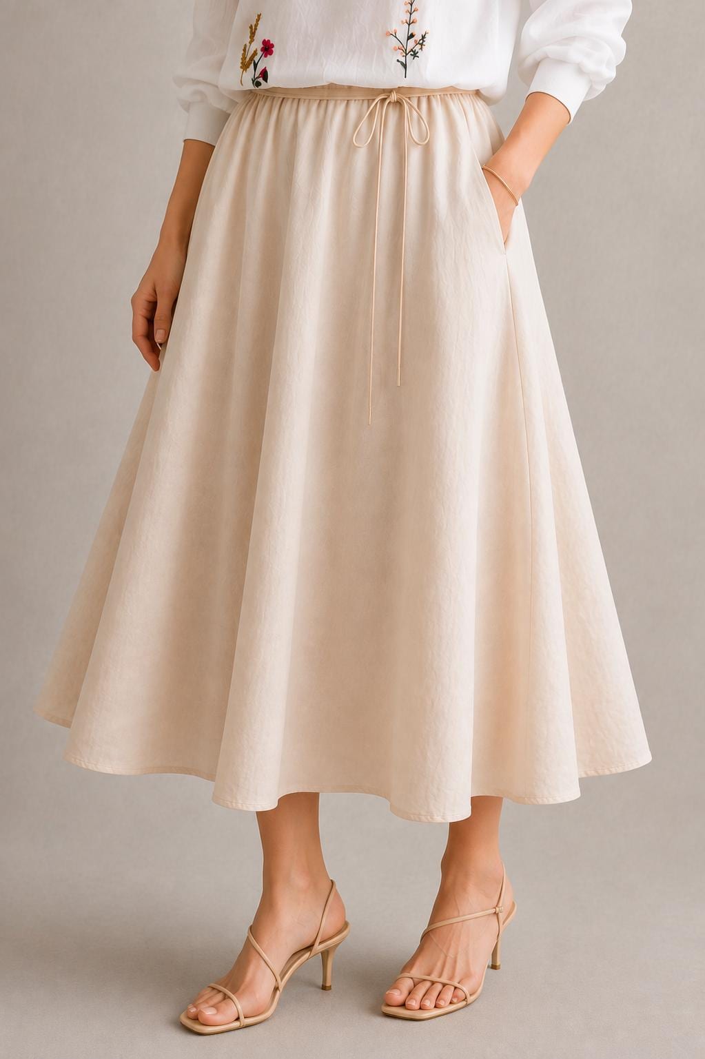 Embroidered Linen Blend Co Ord Set, V Neck Top, Midi Skirt, Boho Summer Resort Wear
