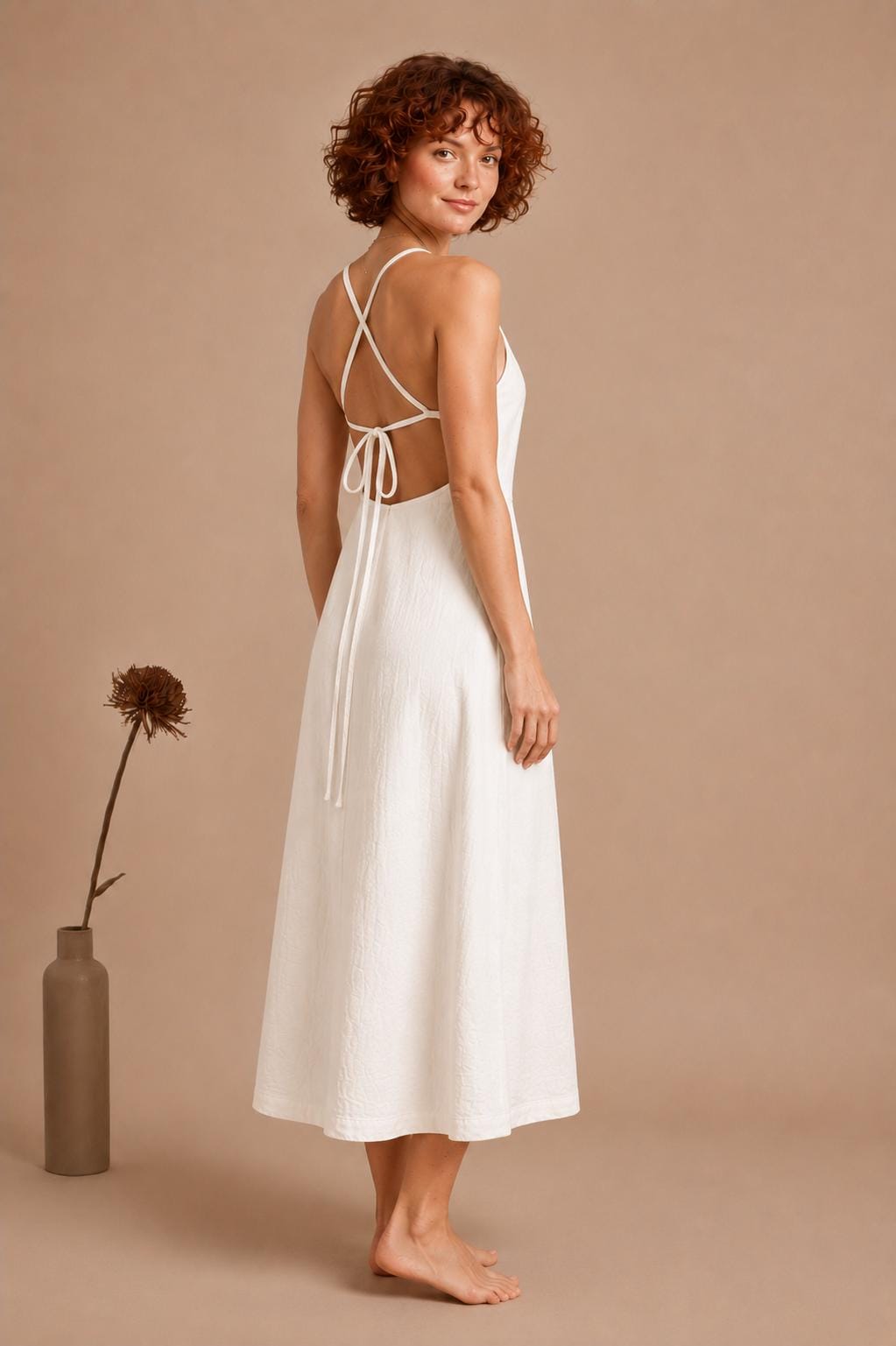 Handmade Linen Blend Halter Midi Dress, Open Back A-Line Summer Vacation Outfit