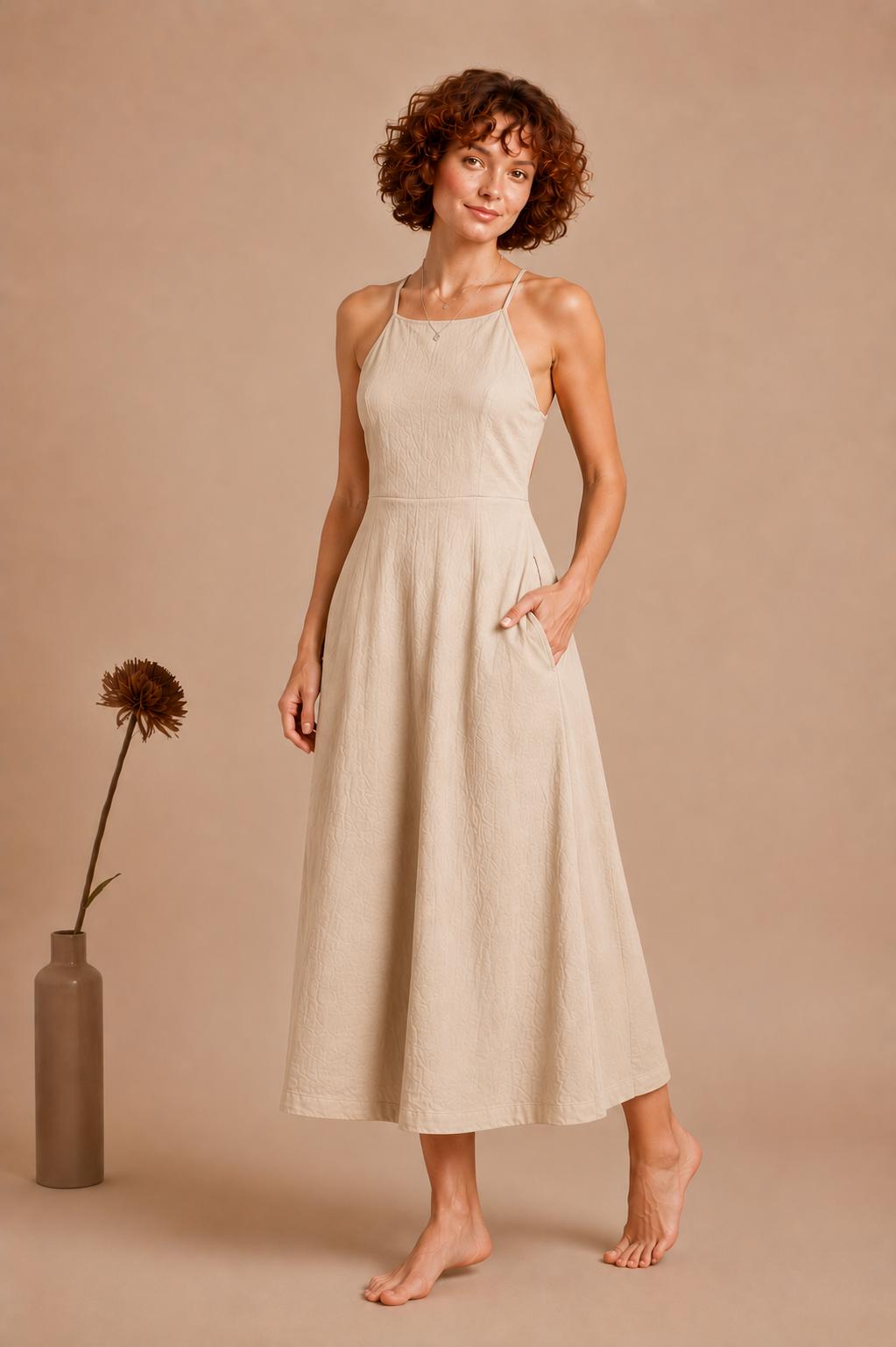 Handmade Linen Blend Halter Midi Dress, Open Back A-Line Summer Vacation Outfit
