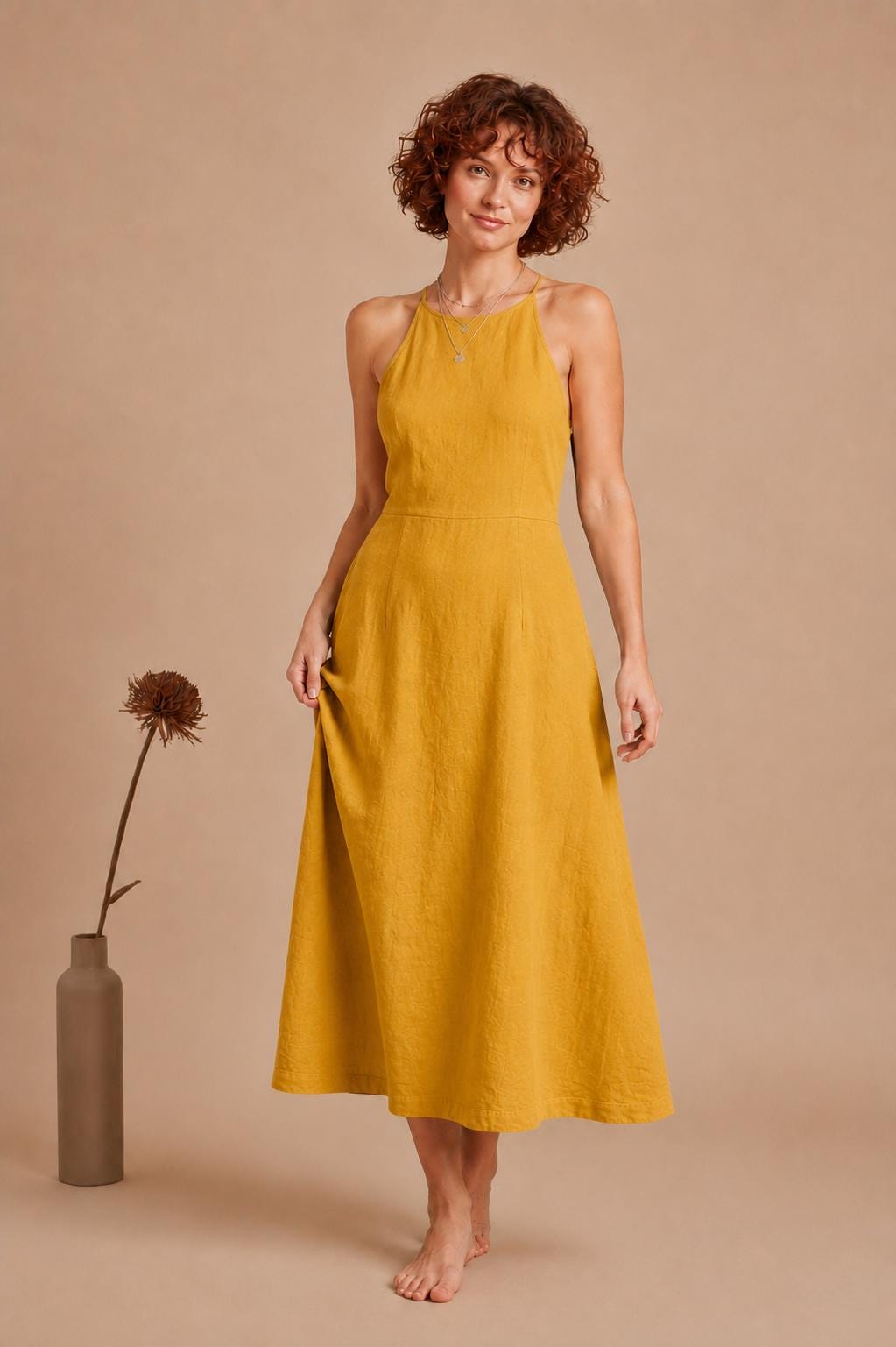 Handmade Linen Blend Halter Midi Dress, Open Back A-Line Summer Vacation Outfit