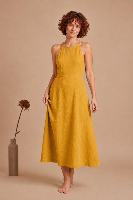 Handmade Linen Blend Halter Midi Dress, Open Back A-Line Summer Vacation Outfit