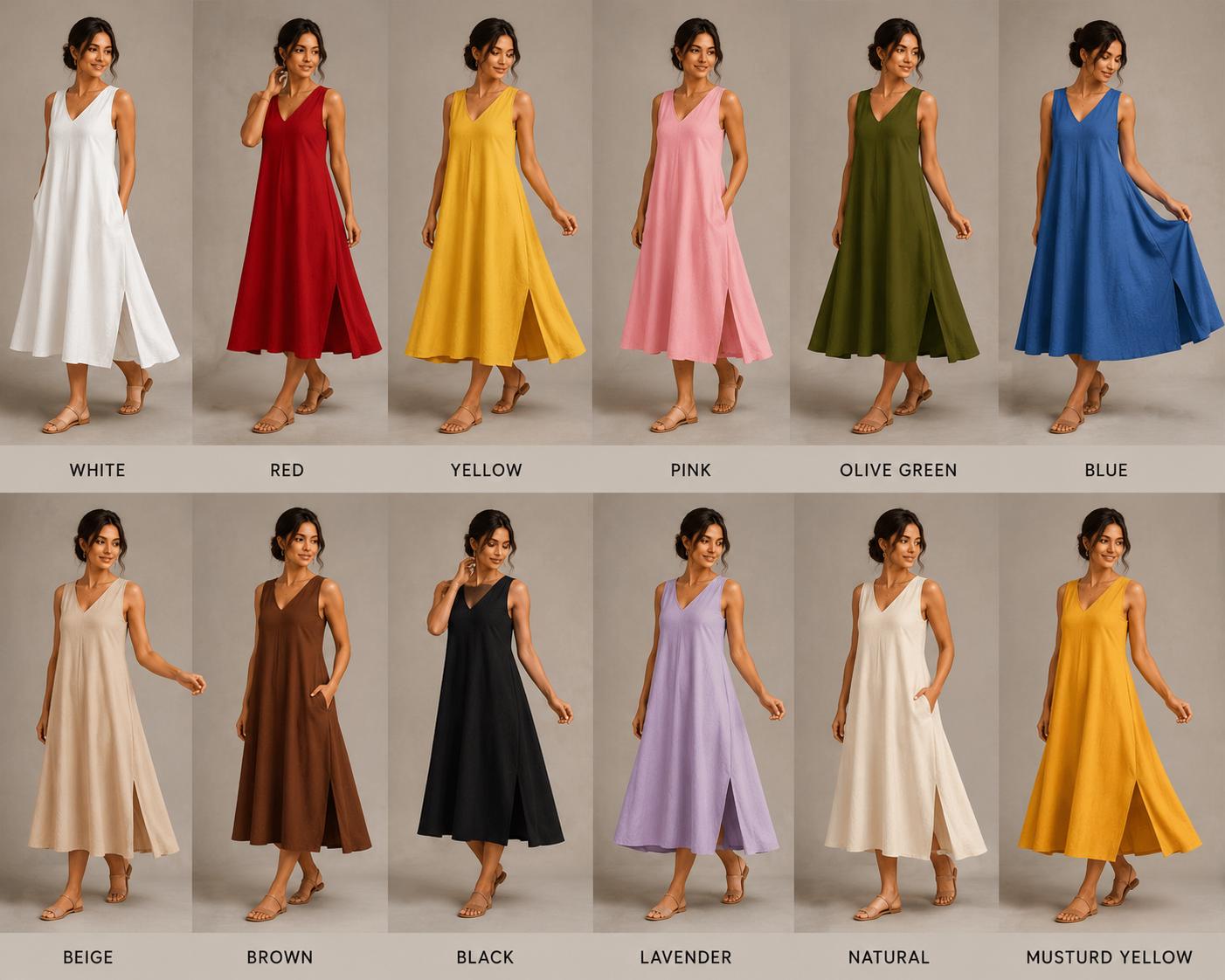 Handmade Linen Maxi Dress, Sleeveless A-Line with Pockets, Minimalist Summer Style
