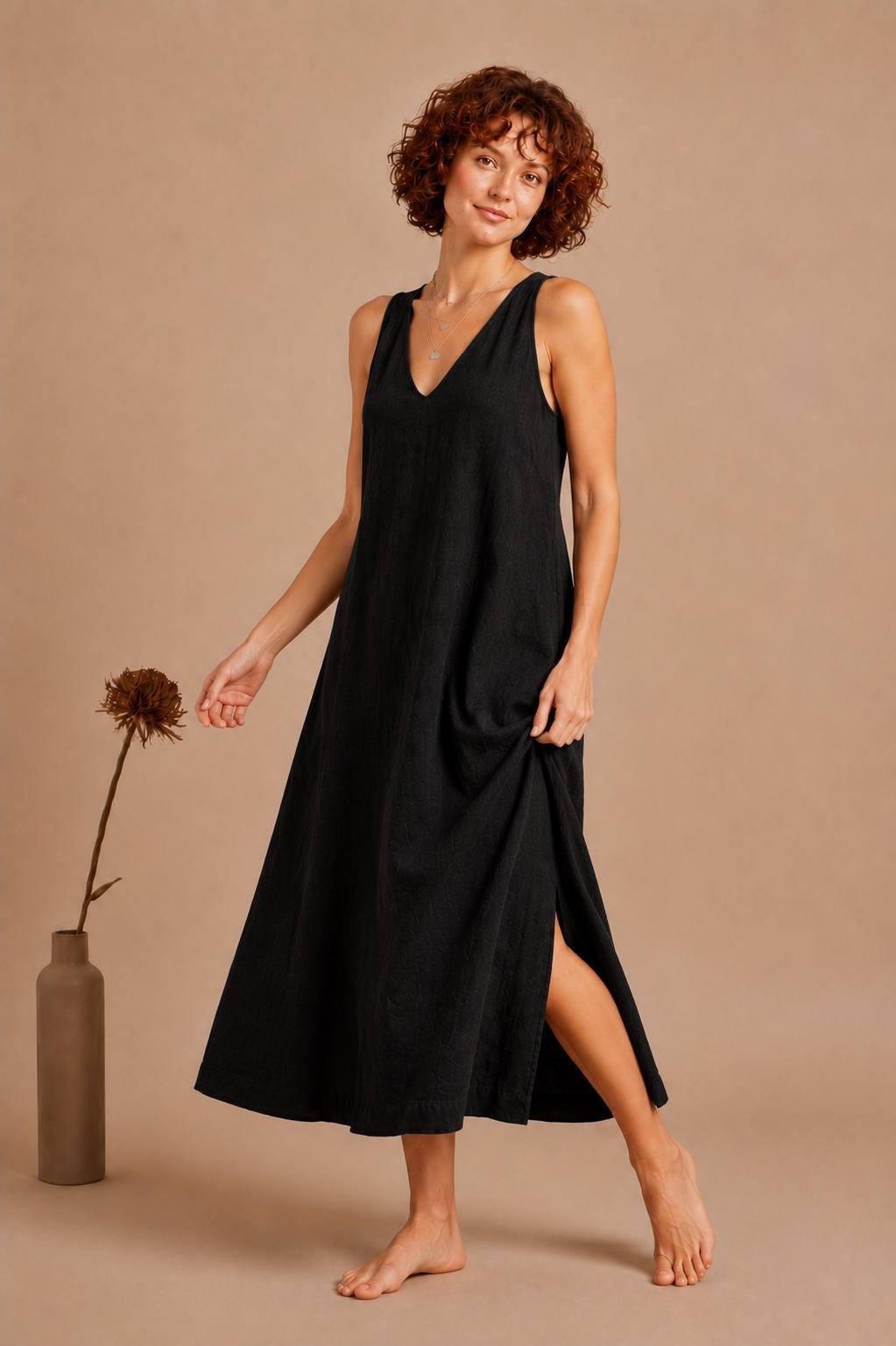 Handmade Linen Maxi Dress, Sleeveless A-Line with Pockets, Minimalist Summer Style