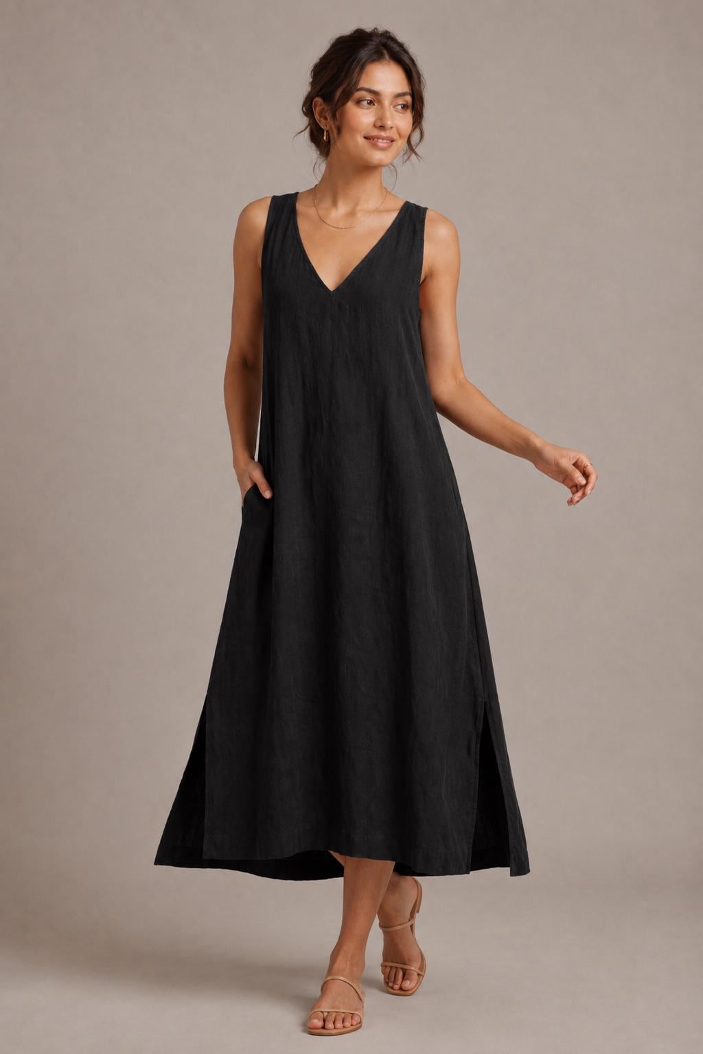 Handmade Linen Maxi Dress, Sleeveless A-Line with Pockets, Minimalist Summer Style