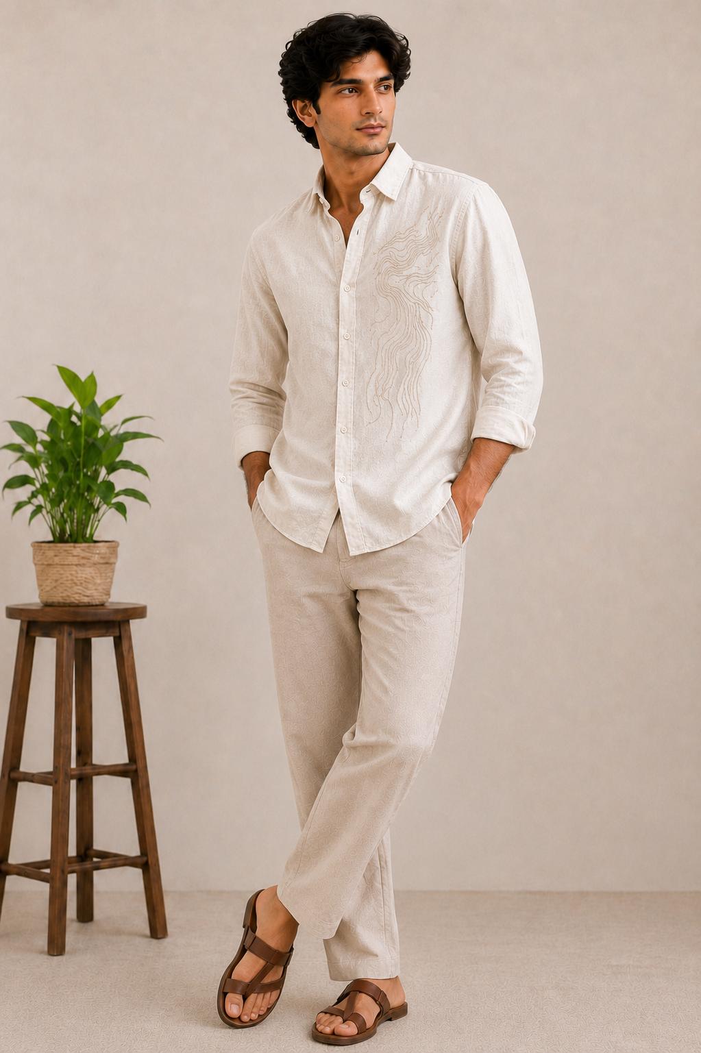 Hand Embroidered Cotton Linen Shirt, Beige Casual Button Down, Resort Wedding Wear