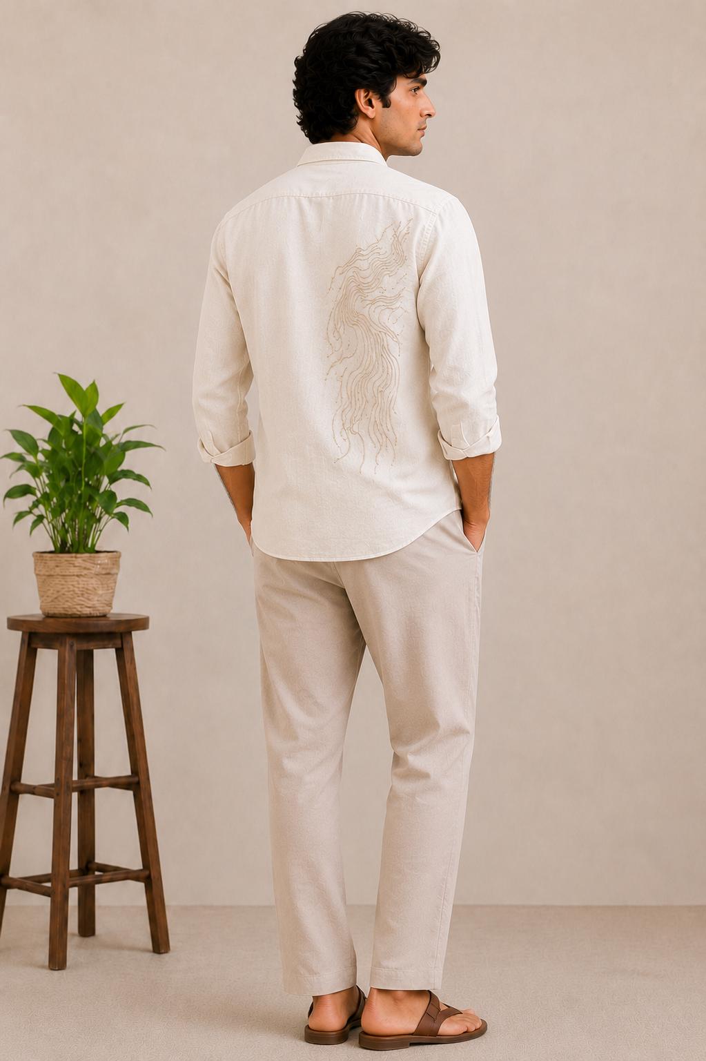Hand Embroidered Cotton Linen Shirt, Beige Casual Button Down, Resort Wedding Wear