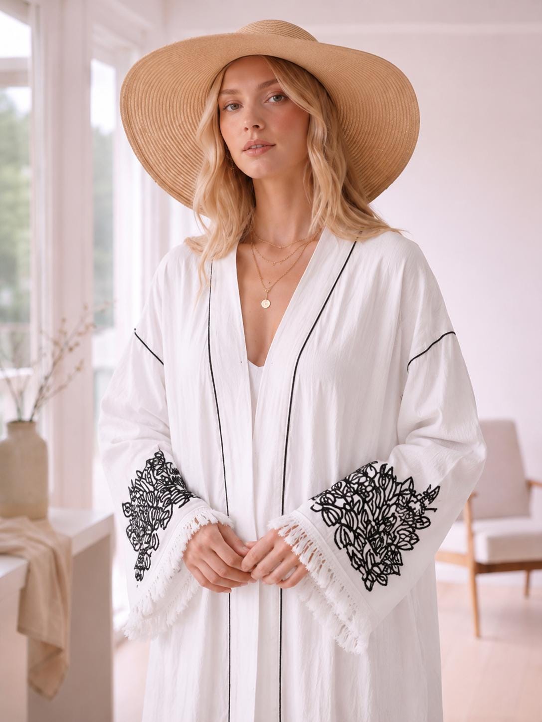 White Embroidered Linen Cotton Kimono Robe, Black Floral Boho Maxi Kaftan