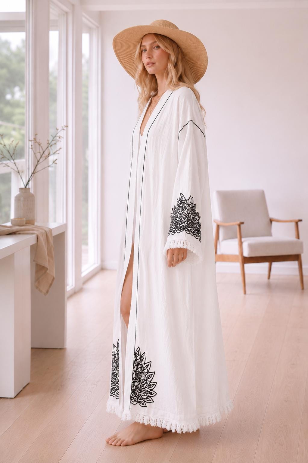White Embroidered Linen Cotton Kimono Robe, Black Floral Boho Maxi Kaftan