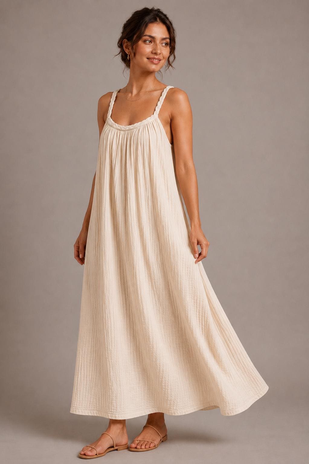 Cotton Gauze Maxi Dress, Braided Straps, Relaxed Fit, Handmade Summer Resort Wear