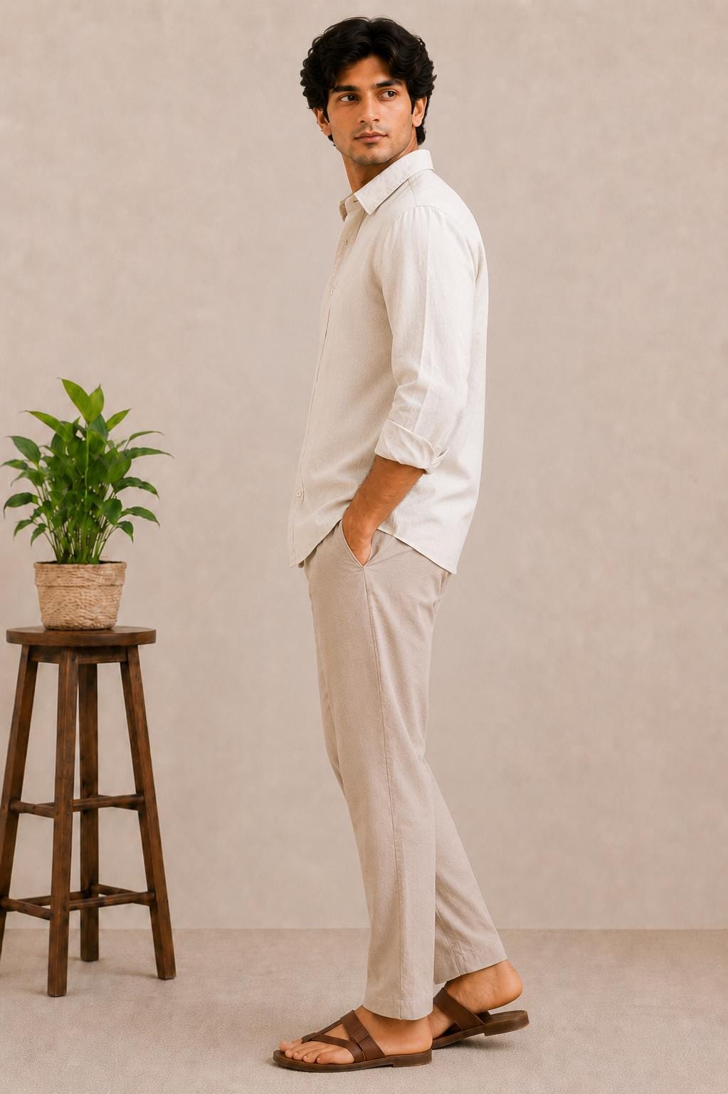 Men's Linen Blend Shirt, Minimalist Mountain Embroidery Button Down, Vacation Top