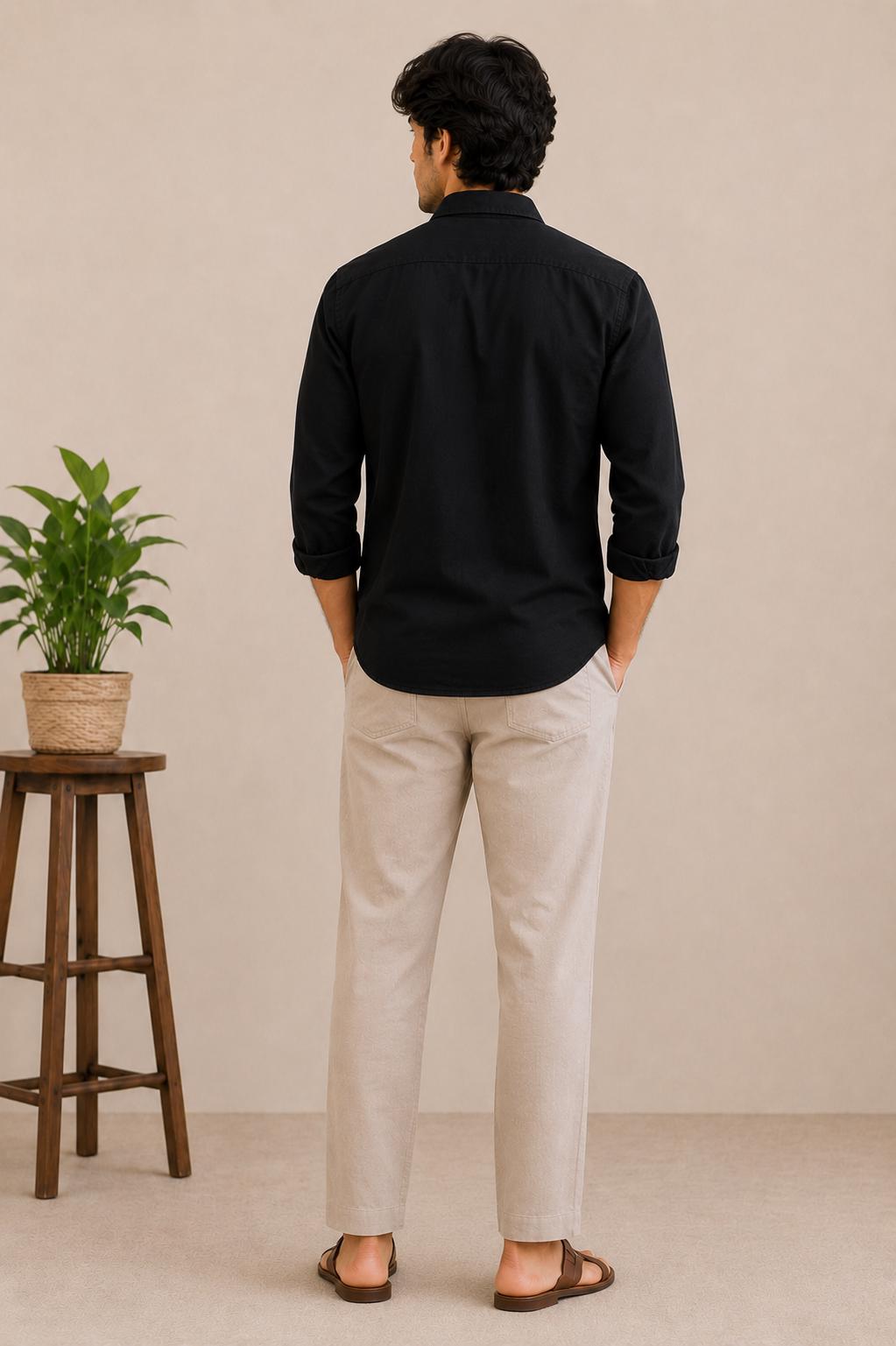 Black Linen Blend Moon Phase Embroidered Button Down Shirt, Celestial Boho Resort Wear
