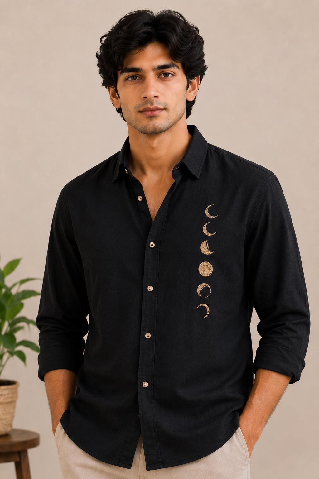 Black Linen Blend Moon Phase Embroidered Button Down Shirt, Celestial Boho Resort Wear