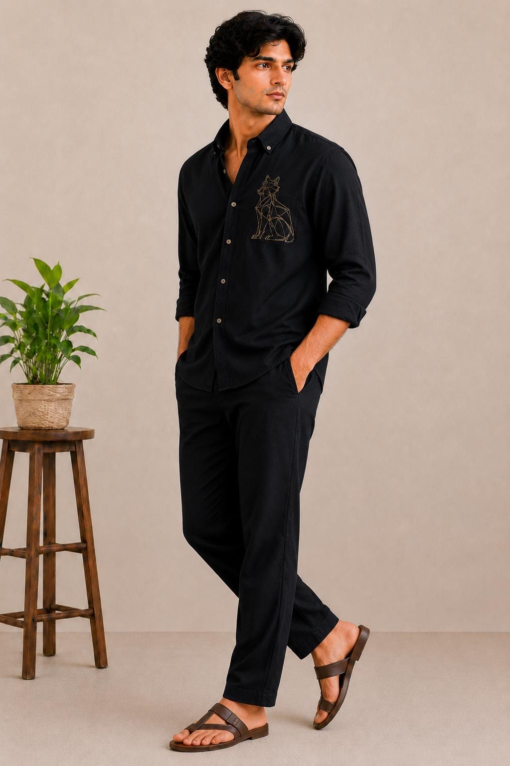 Black Cotton Shirt, Minimalist Geometric Wolf Embroidery, Casual Streetwear Button Down