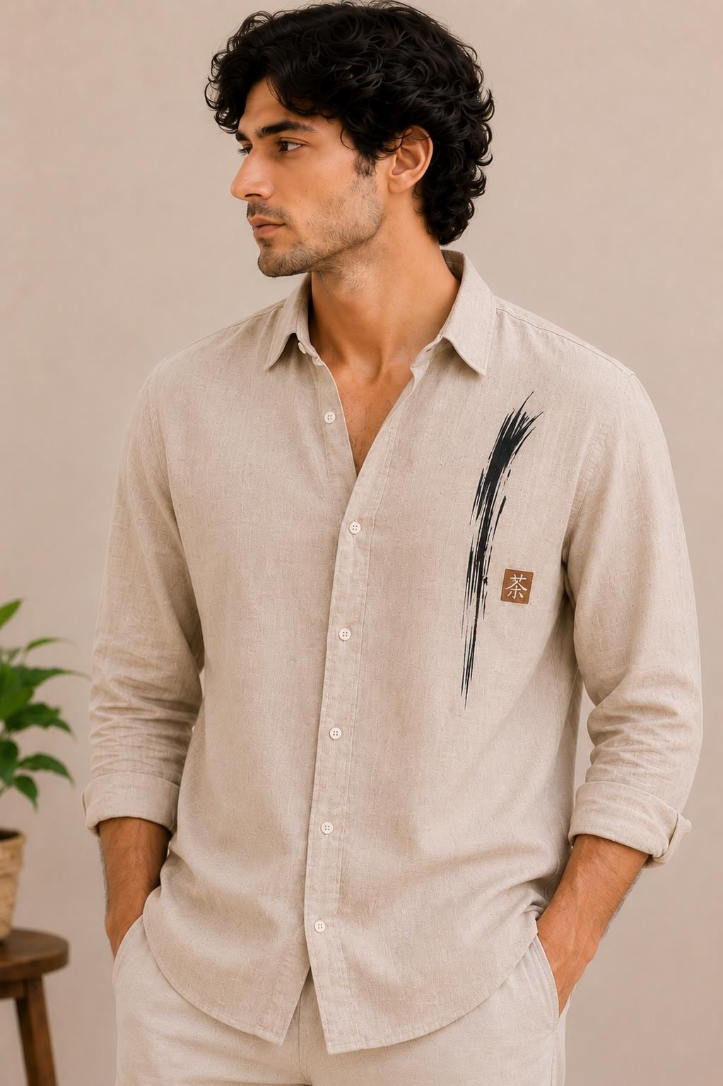 Men's Beige Linen Blend Shirt, Japanese Brush Stroke Embroidery, Casual Summer Style