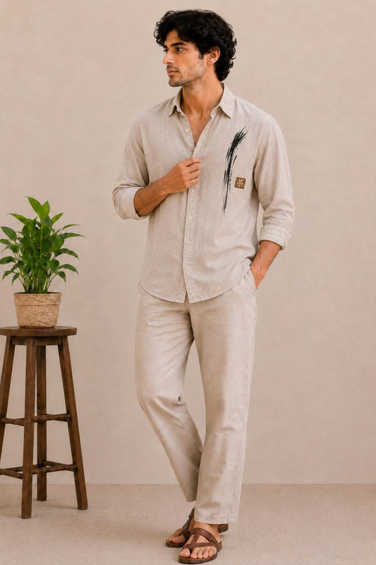 Men's Beige Linen Blend Shirt, Japanese Brush Stroke Embroidery, Casual Summer Style