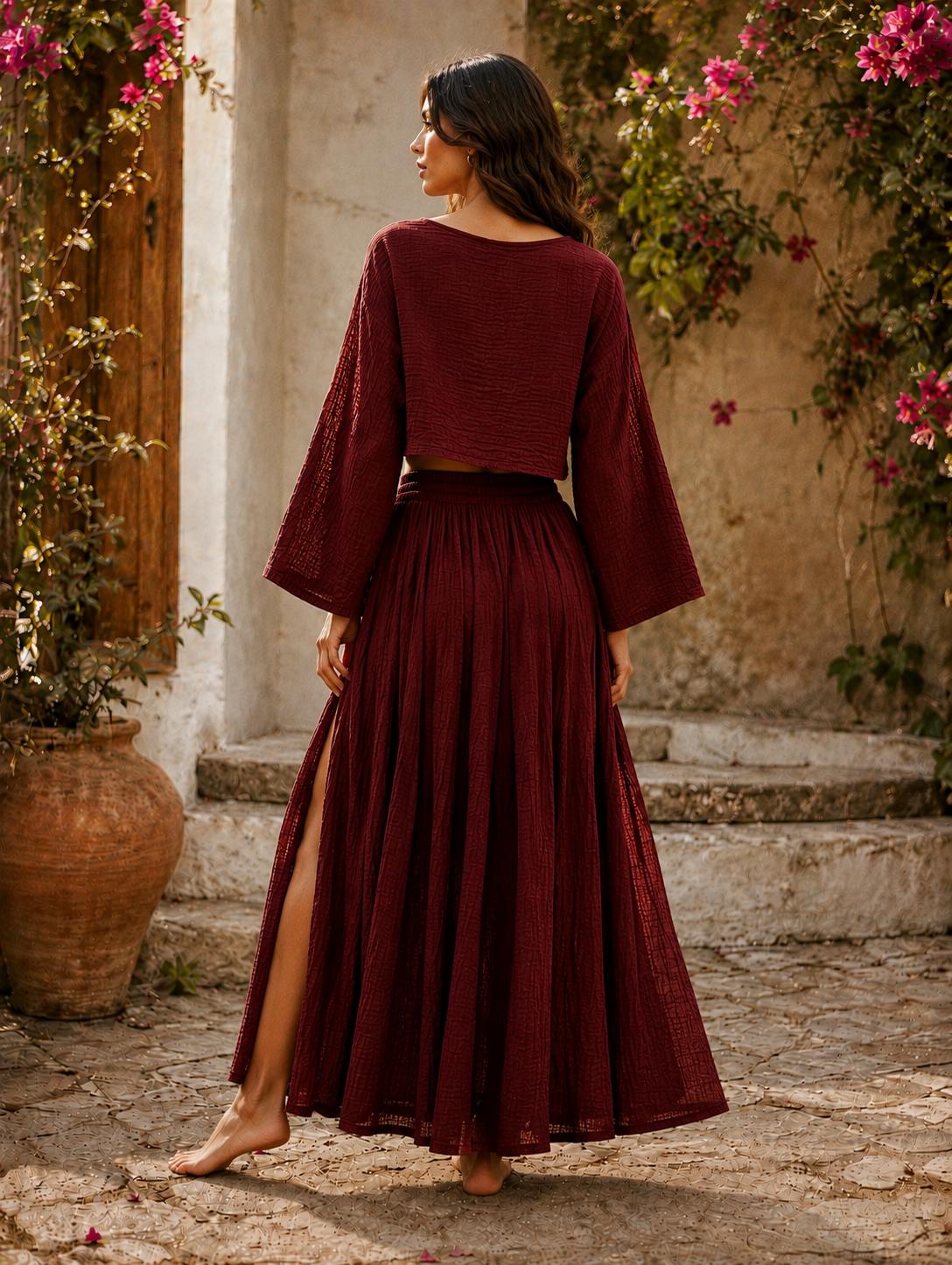 Boho Gauze Cotton Crop Top and Maxi Skirt Set, Bell Sleeve Matching Outfit