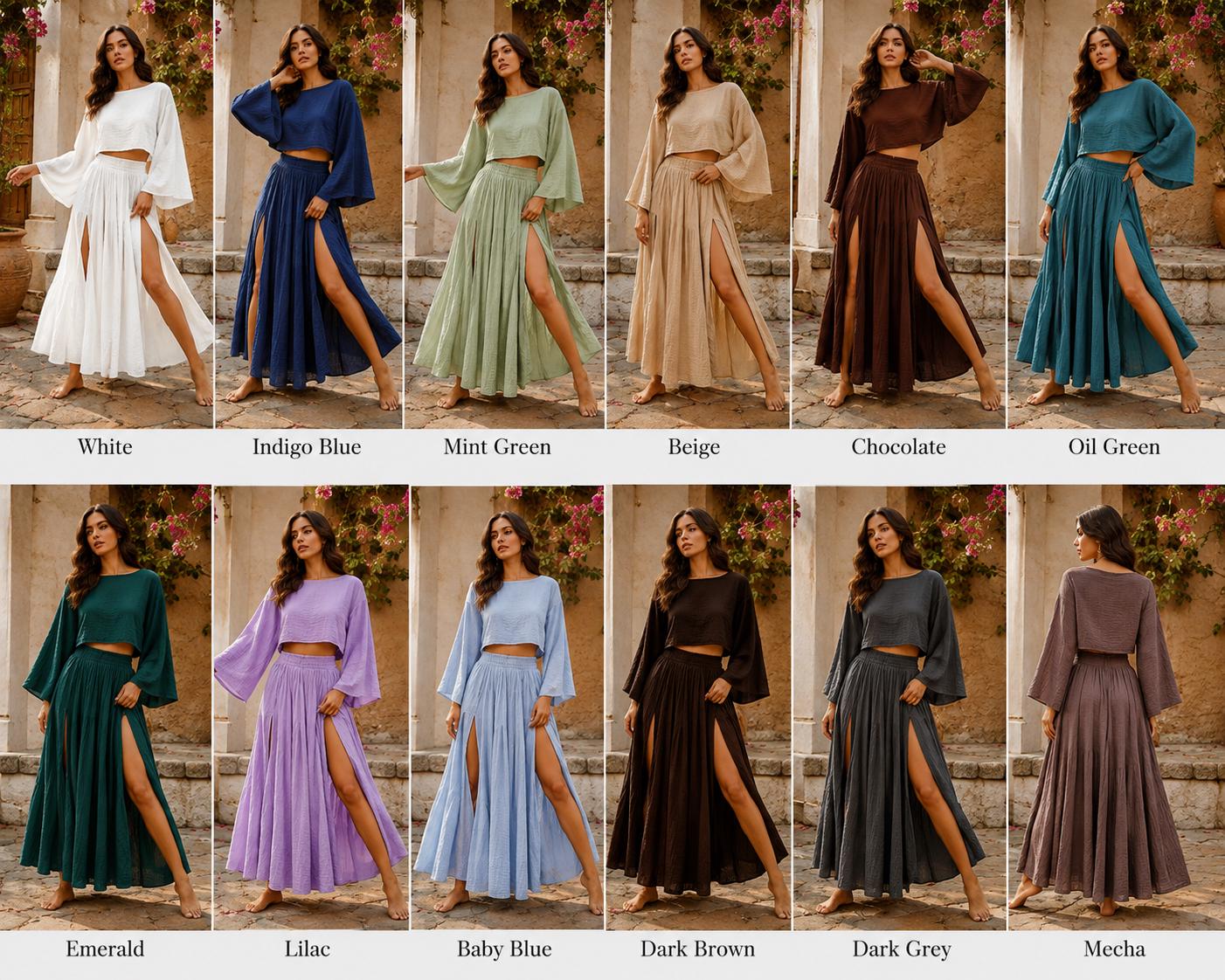Boho Gauze Cotton Crop Top and Maxi Skirt Set, Bell Sleeve Matching Outfit