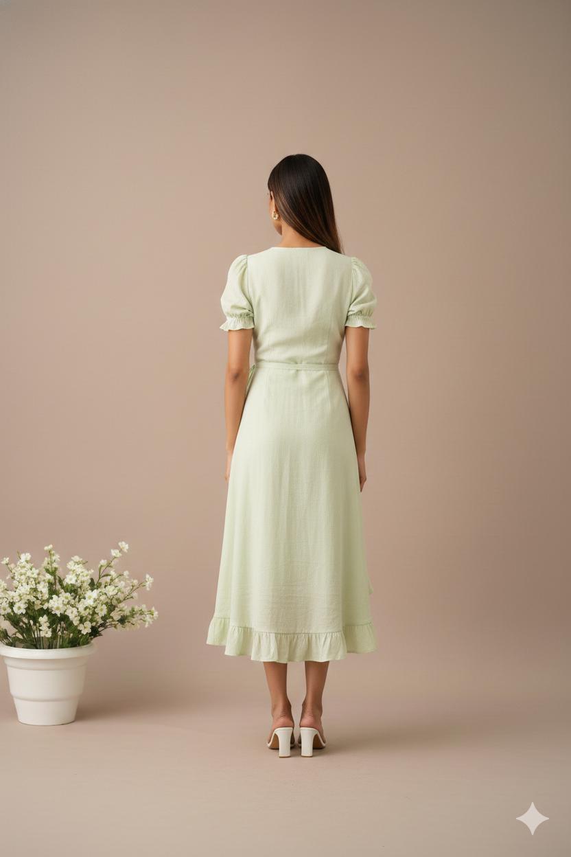 Sage Green Linen Blend Wrap Midi Dress, Puff Sleeve Ruffle Wedding Guest