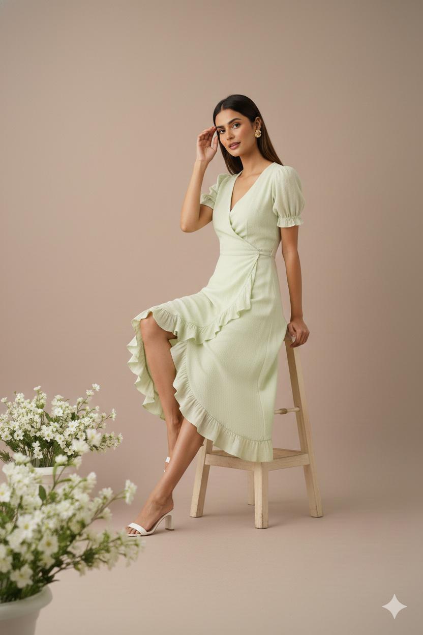Sage Green Linen Blend Wrap Midi Dress, Puff Sleeve Ruffle Wedding Guest