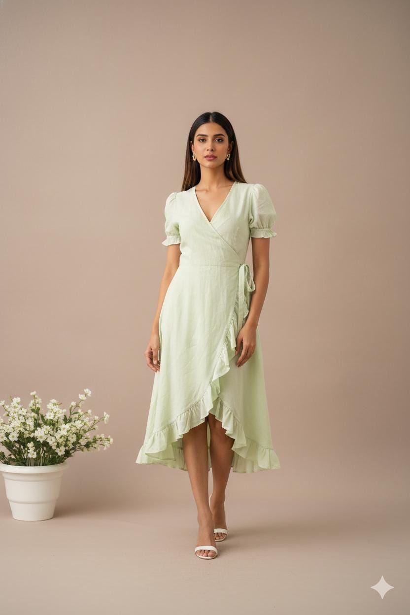 Sage Green Linen Blend Wrap Midi Dress, Puff Sleeve Ruffle Wedding Guest