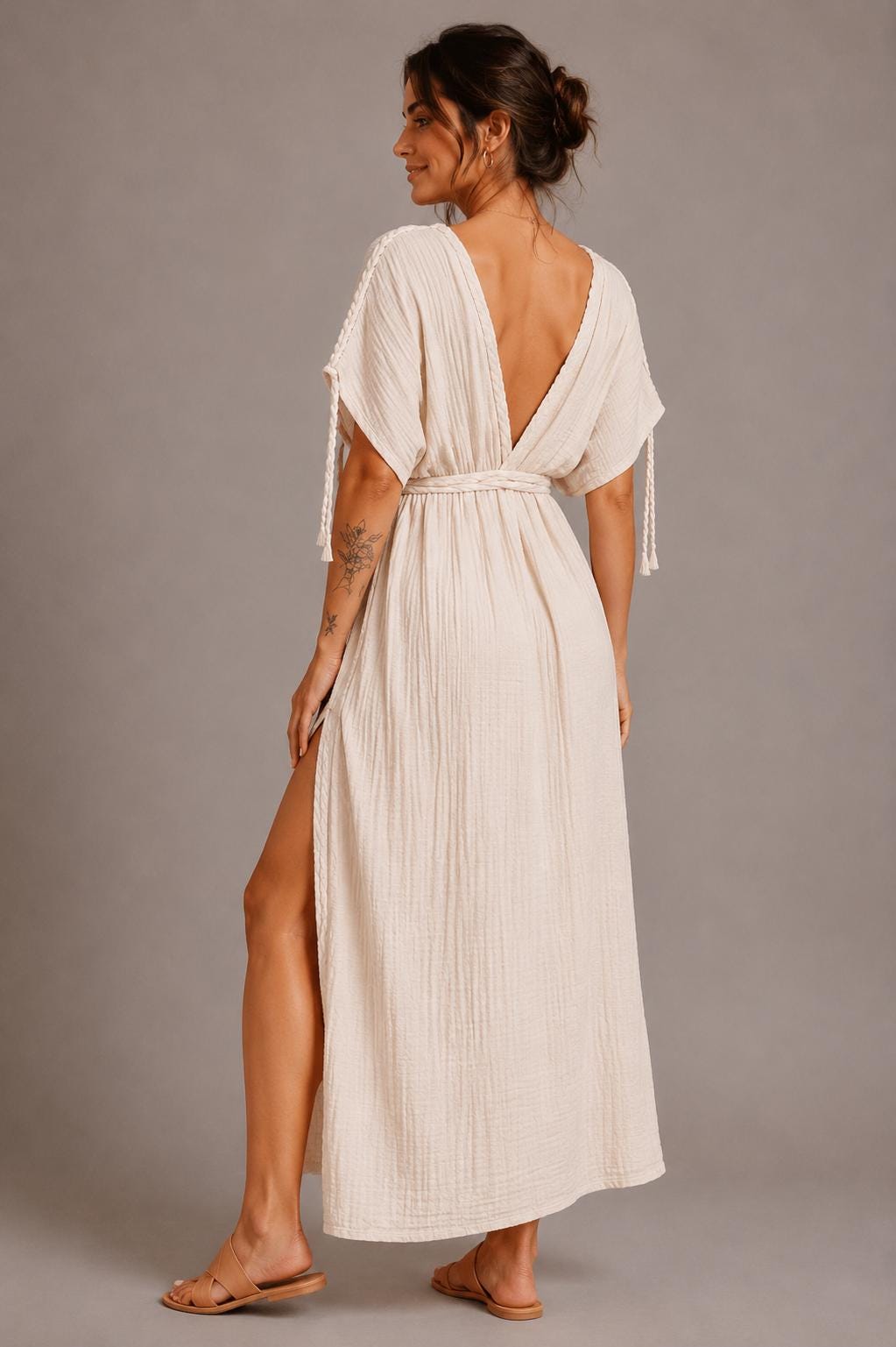Handmade Cotton Gauze Maxi Kaftan Dress, Boho Deep V-Neck Beach Cover Up