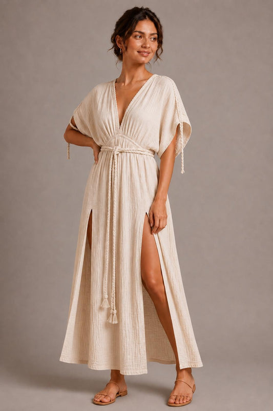 Handmade Cotton Gauze Maxi Kaftan Dress, Boho Deep V-Neck Beach Cover Up
