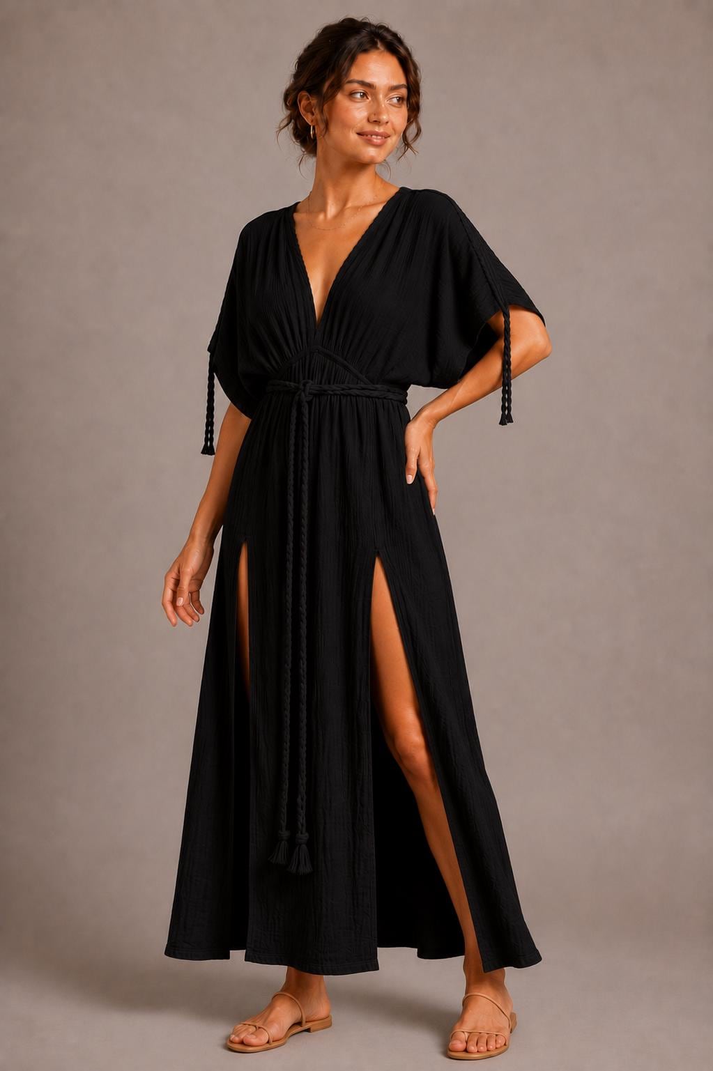 Black Cotton Gauze Kaftan Maxi Dress, Deep V-Neck, Side Slits, Boho Resort Wear