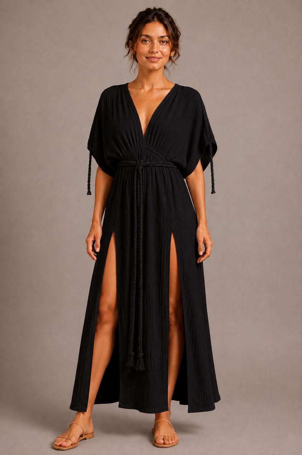 Black Cotton Gauze Kaftan Maxi Dress, Deep V-Neck, Side Slits, Boho Resort Wear